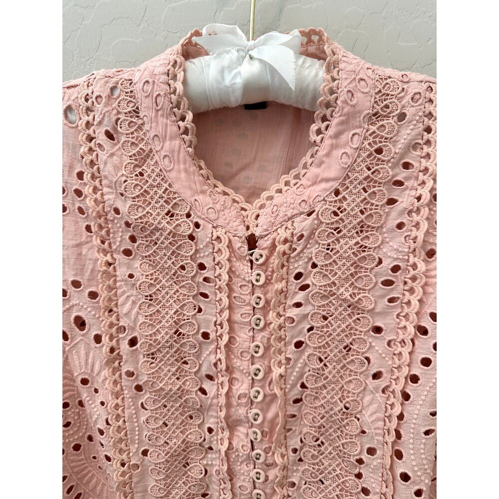 BOSTON PROPER Blush Pink Eyelet Lace Romantic Boho Blouse Top | Medium - Picture 4 of 7
